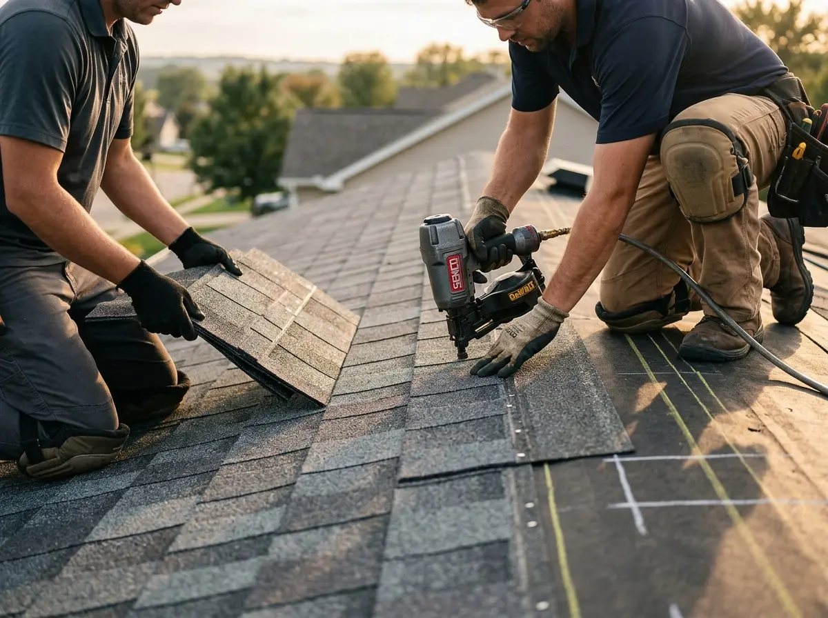 Professional roofer working on a residential roof in Carolina Shores